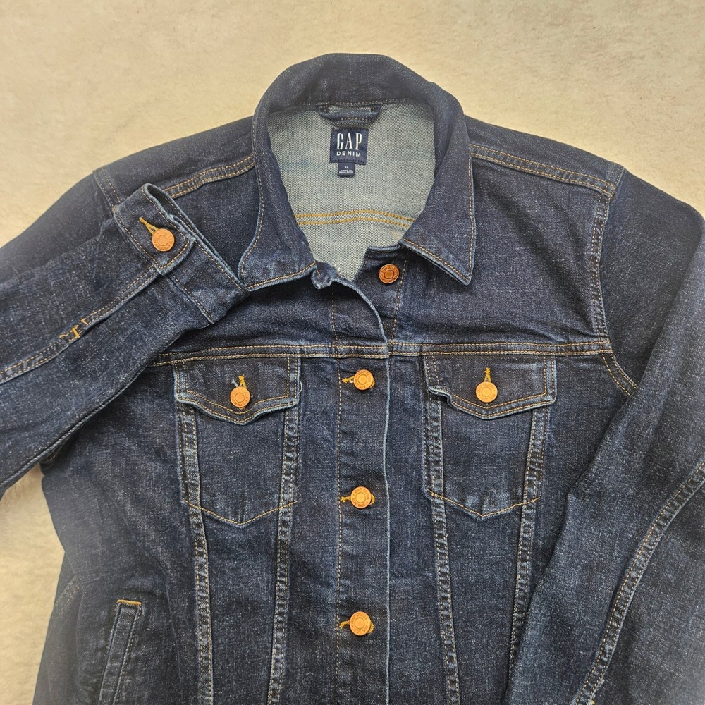 GAP Denim Women XL Dark Wash Trucker Jacket Classic Blue Jean Coat Stretch 1969